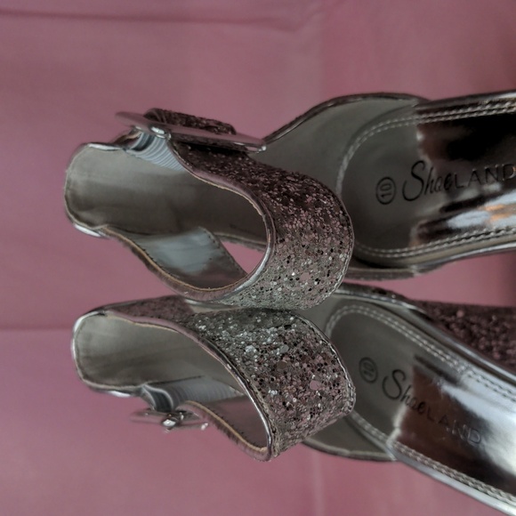 Shoe Land Silver Glitter Sparkly Open Toe Ankle Strap No Rumors Heels size 10 - Picture 3 of 8